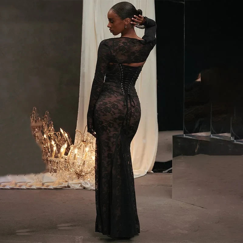 Women’s Long Lace Dress | Ruched Corset Bodice & Capelet Sleeves | Figure-Flattering Mesh | Delicate Lace & Polyester
