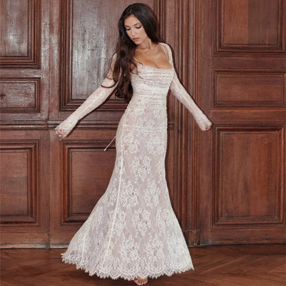 Women’s Long Lace Dress | Ruched Corset Bodice & Capelet Sleeves | Figure-Flattering Mesh | Delicate Lace & Polyester