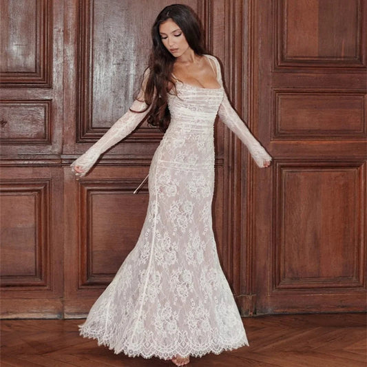 Women’s Long Lace Dress | Ruched Corset Bodice & Capelet Sleeves | Figure-Flattering Mesh | Delicate Lace & Polyester