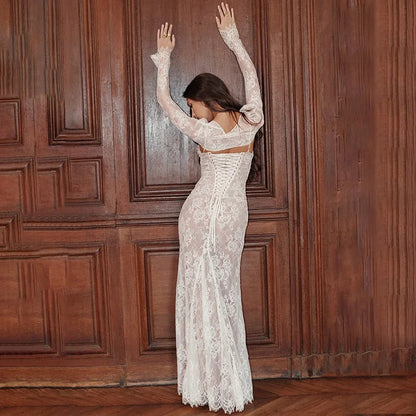 Women’s Long Lace Dress | Ruched Corset Bodice & Capelet Sleeves | Figure-Flattering Mesh | Delicate Lace & Polyester